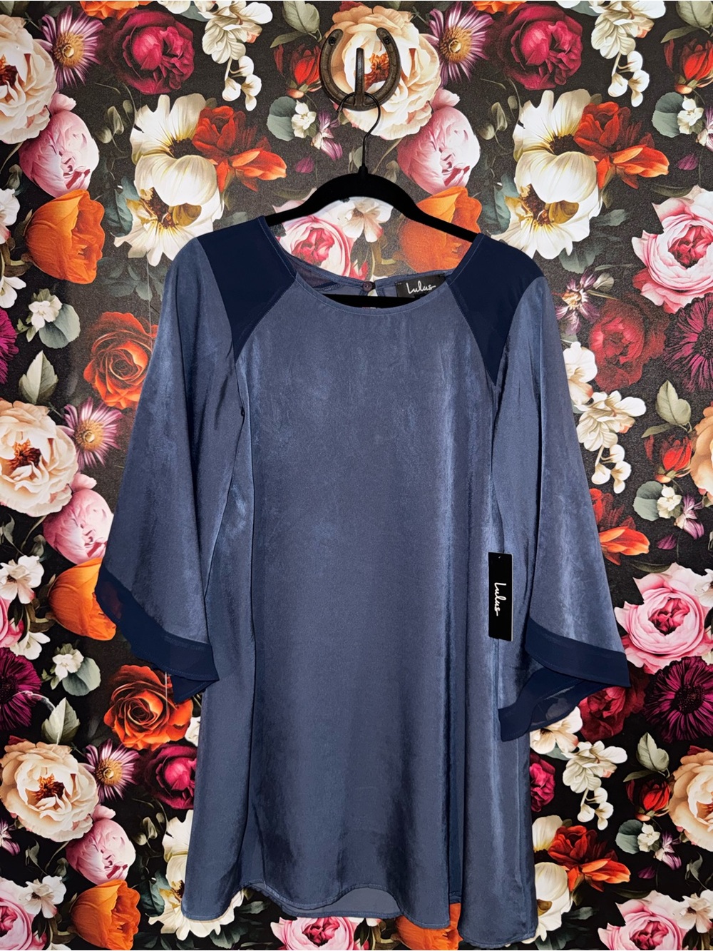 Lulu's Slate Blue Satin Swing Dress with Navy Mesh Accents, Medium, NWT